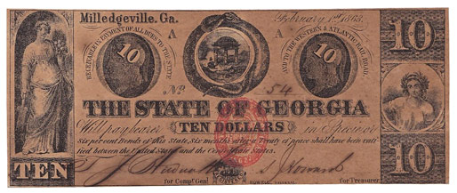 1863 STATE OF GEORGIA $10 Dollar Bill